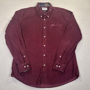 Barbour Shirt Mens L Burgundy Tailored Fit Micro Corduroy Button Down Pocket